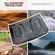 Durable all-weather vehicle protection tray resistant to sand, snow, mud, and rain.