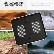 All-weather black vehicle floor mat resisting sand, snow, mud, and rain.