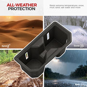 Durable black vehicle organizer tray providing all-weather protection against sand, snow, mud, and rain.