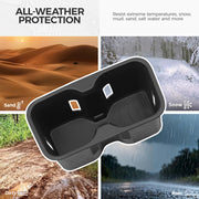 All-weather vehicle center console organizer designed for sand, snow, and rain protection.
