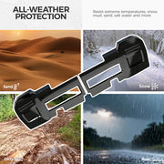 Black 4x4 vehicle protection accessories tested against sand, snow, mud, and rain.