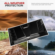 Durable black 4x4 vehicle protection plate resisting sand, snow, dirt, and rain.