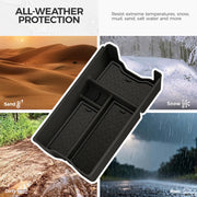 All-weather black vehicle floor mat designed to resist sand, snow, mud, and rain.