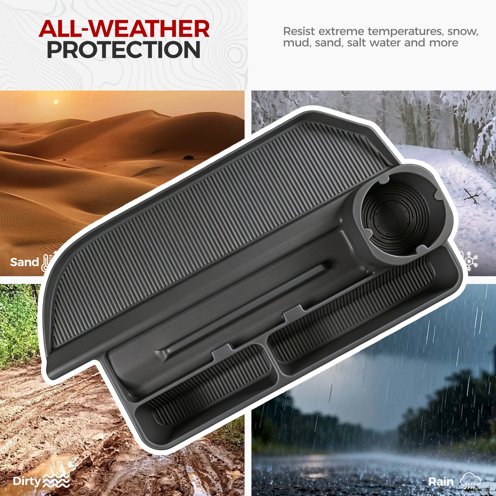 Durable black all-weather vehicle floor mat designed for sand, mud, snow, and rain protection.
