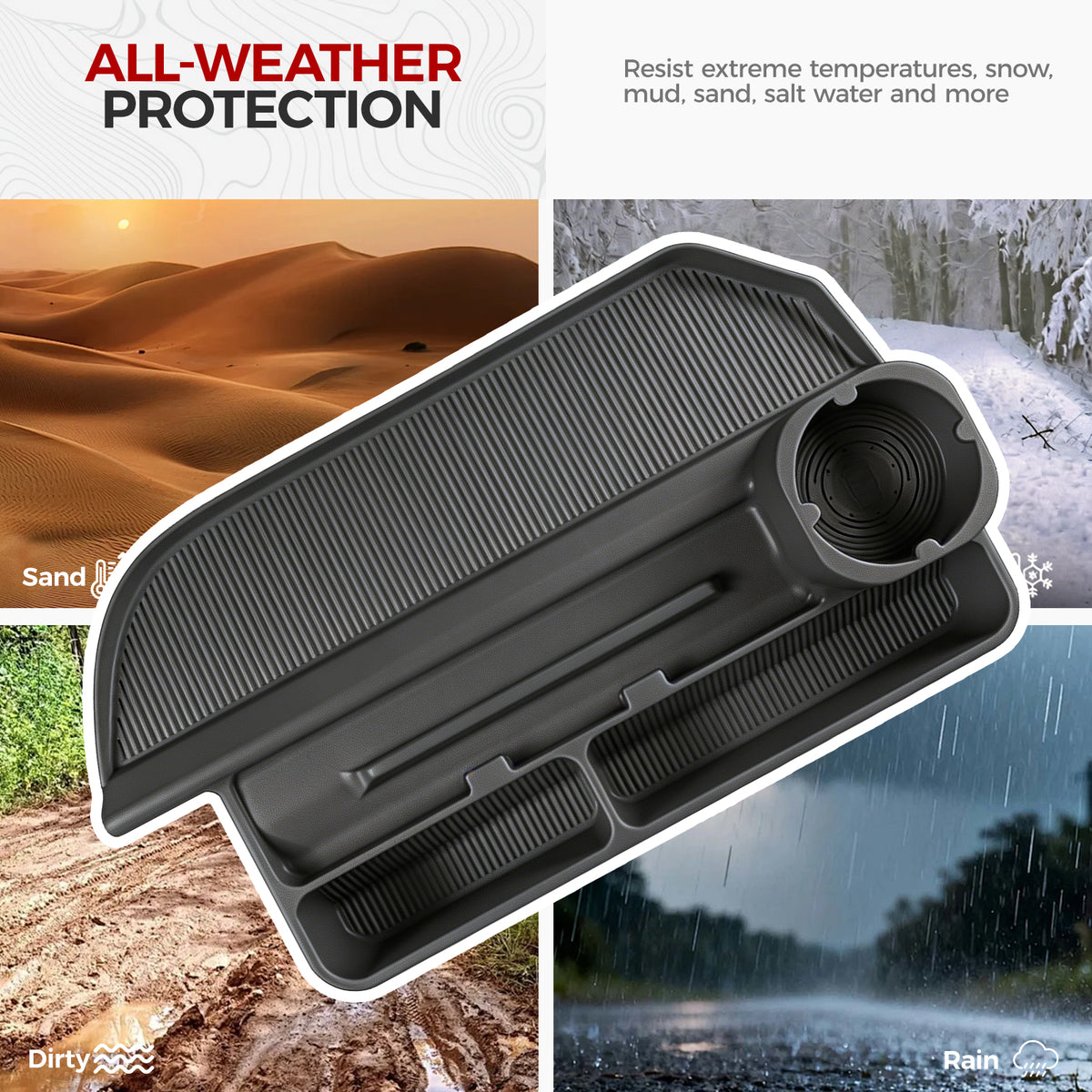 Durable black all-weather vehicle floor mat designed for sand, mud, snow, and rain protection.