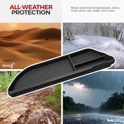 All-weather black rubber vehicle tray liner protecting against sand, snow, mud, and rain.