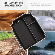 All-weather black vehicle floor tray protecting against sand, snow, mud, and rain.