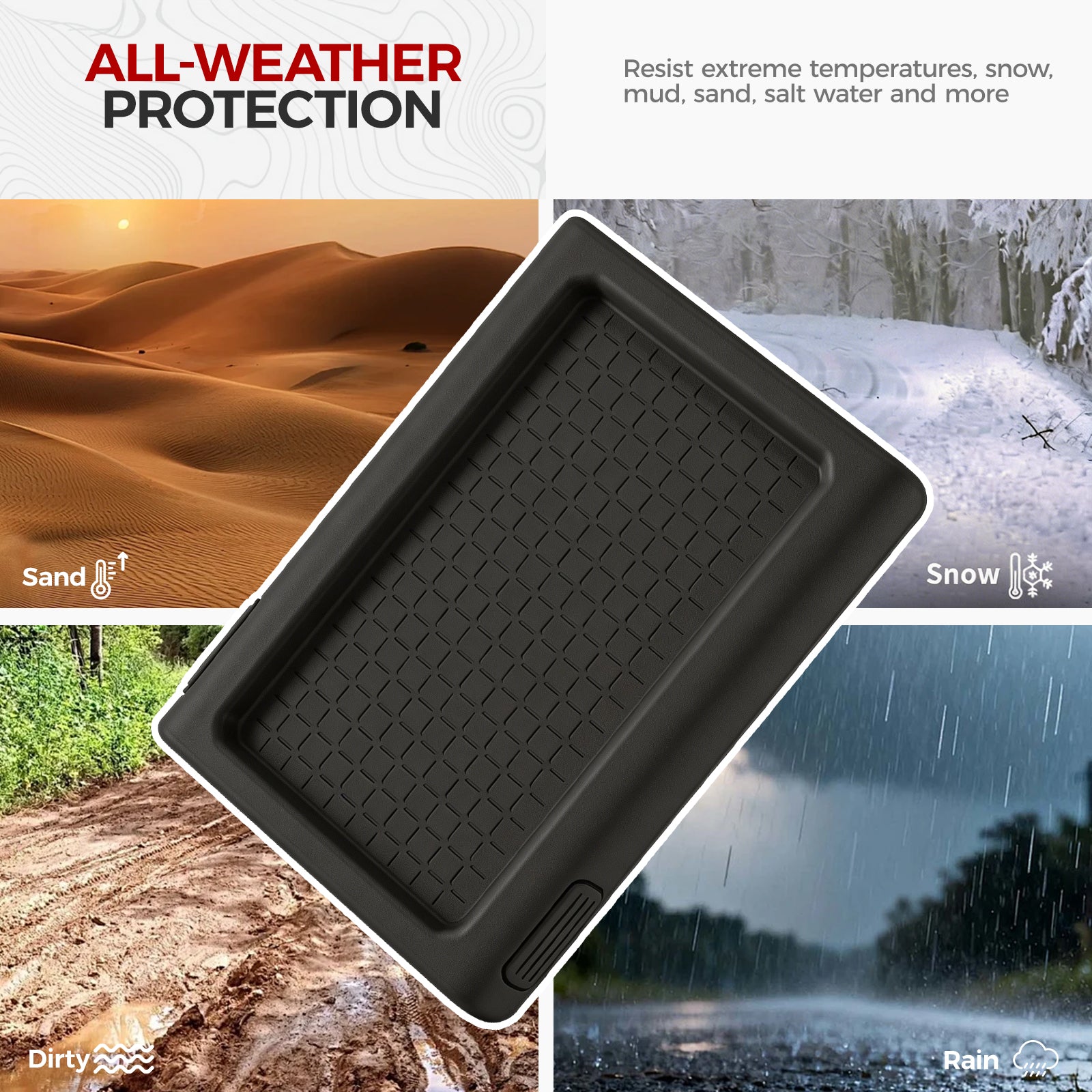 Black all-weather vehicle floor mat protecting against sand, snow, mud, and rain.
