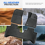 All-weather black rubber car floor mats protecting vehicle interiors from sand, snow, mud, and rain.