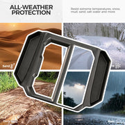 All-weather 4x4 vehicle protection grille guard resistant to sand, snow, mud, and rain.