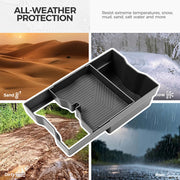 Durable all-weather vehicle tray protecting against sand, snow, mud, and rain.
