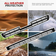 All-weather vehicle protection wiper blades shown in sand, snow, mud, and rain environments.