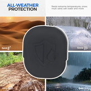 All-weather vehicle protection cover shown in sand, snow, mud, and rain environments.
