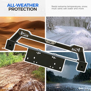 Durable 4x4 vehicle protection bar shown against desert, snow, mud, and rain backgrounds.