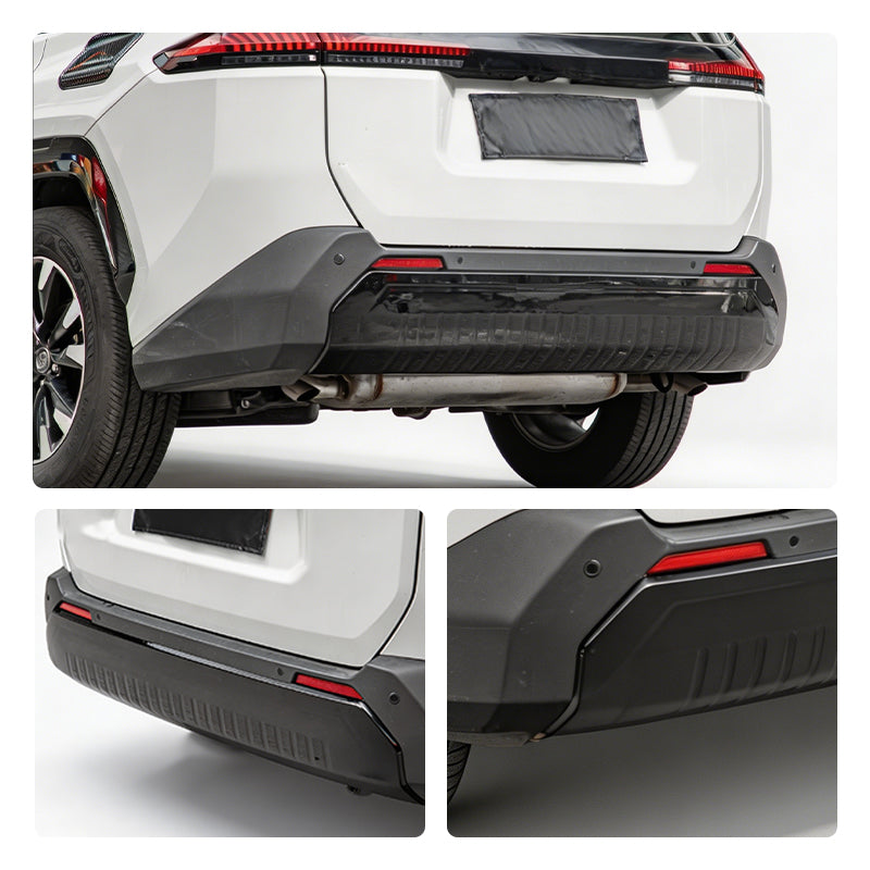 Rear view of a white SUV featuring a black durable rear bumper protector and skid plate.