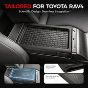 Black custom-fit center console tray for Toyota RAV4 with non-slip grid design.