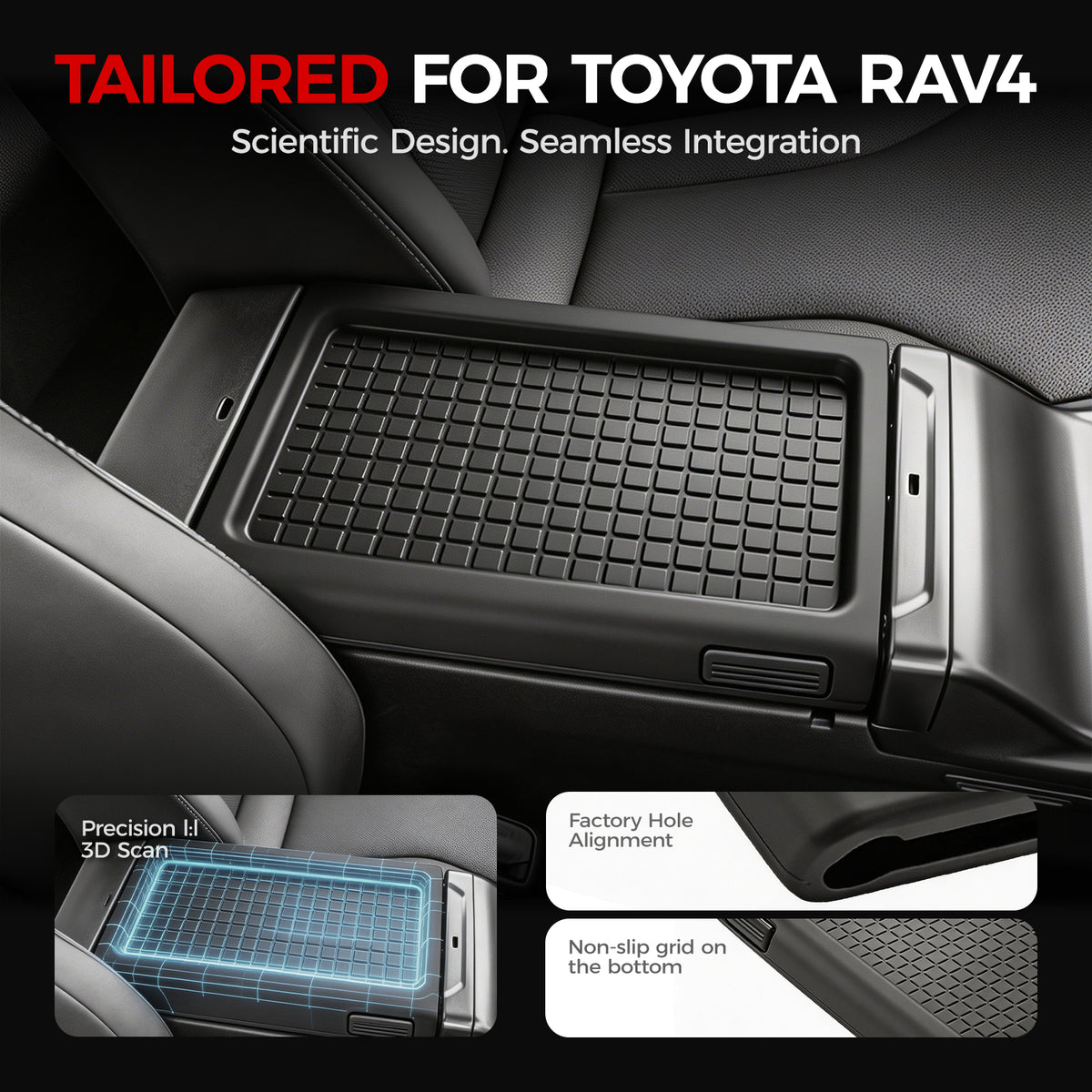 Black custom-fit center console tray for Toyota RAV4 with non-slip grid design.