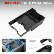 Black custom-fit center console organizer tray for Toyota RAV4 with anti-slip design.