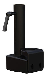Heavy-duty black metal manual crank jack stand for 4x4 vehicle support.