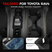 Custom center console organizer tray for Toyota RAV4 with non-slip bottom grid.