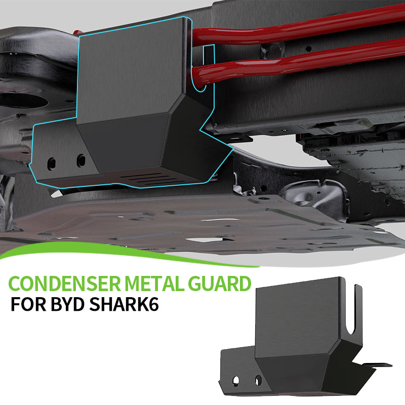 Black metal condenser guard installed on a BYD Shark 6 vehicle chassis.