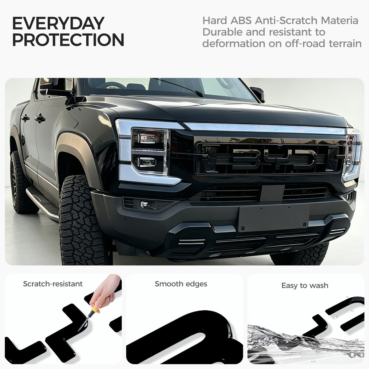 Black 4x4 truck featuring durable hard ABS anti-scratch material for off-road protection.