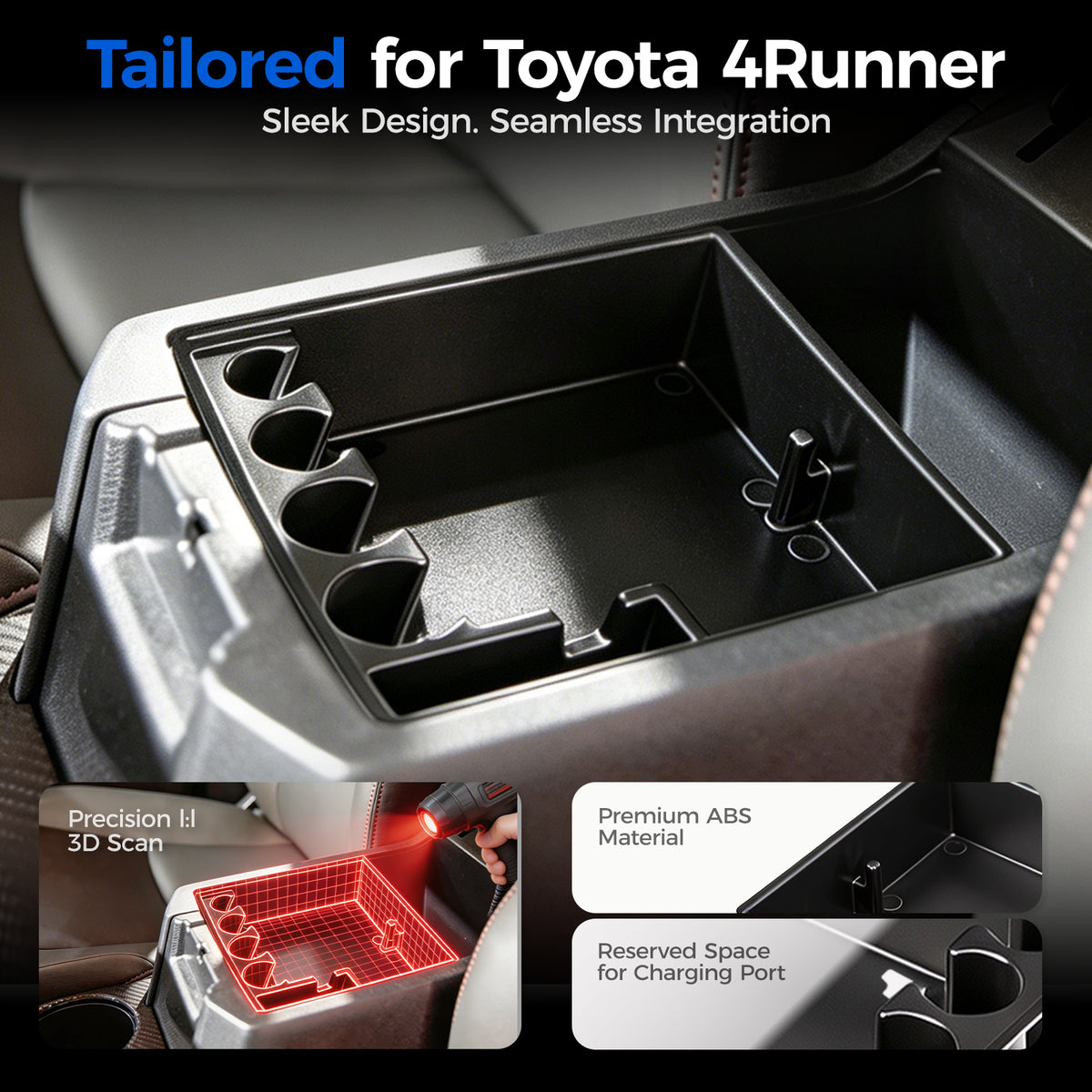 Custom black center console organizer with cup holders for Toyota 4Runner interior.