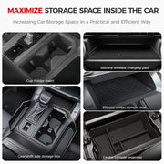 Car interior storage solutions including cup holder inserts, wireless charging pads, and console organizers.