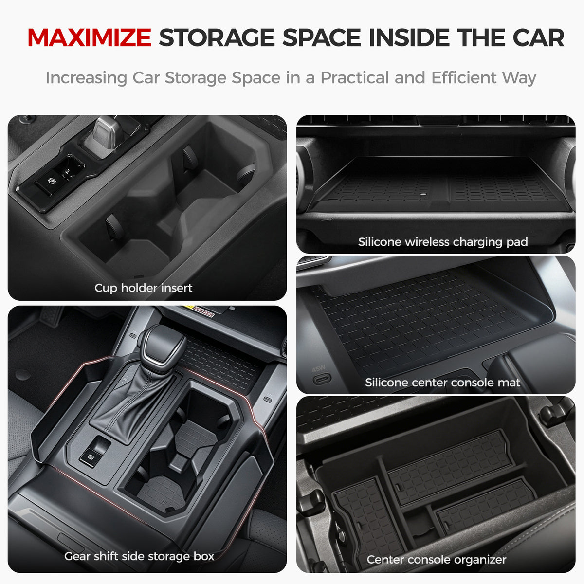 Car interior storage solutions including cup holder inserts, wireless charging pads, and console organizers.