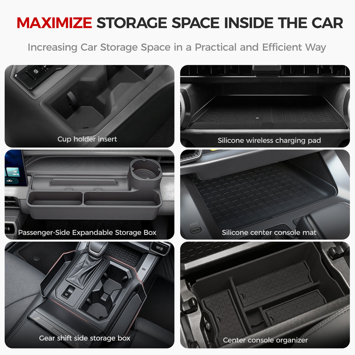 Assorted car interior storage accessories including cup holder inserts and silicone console mats.