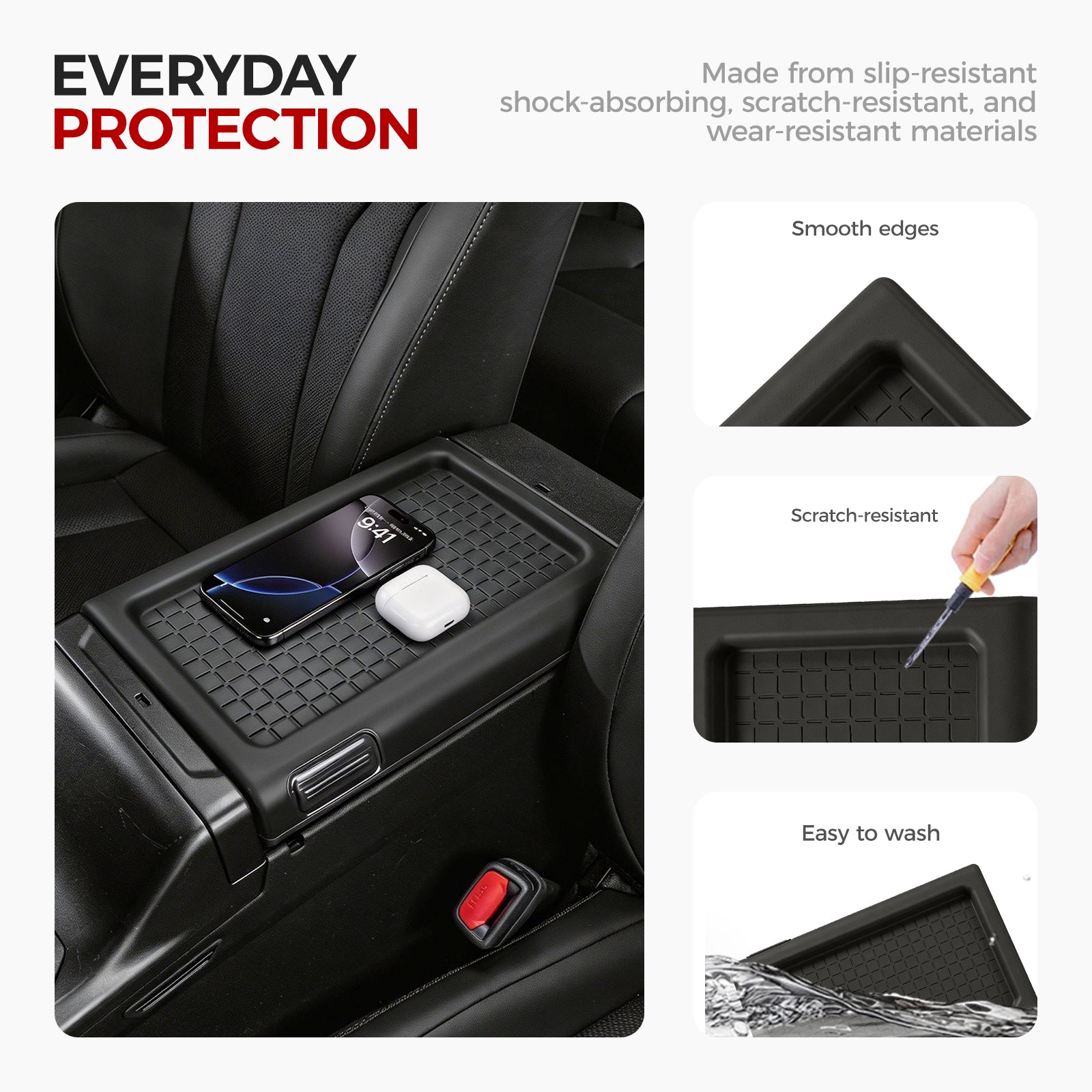 Black rubber center console organizer tray with a smartphone and wireless earbud case.