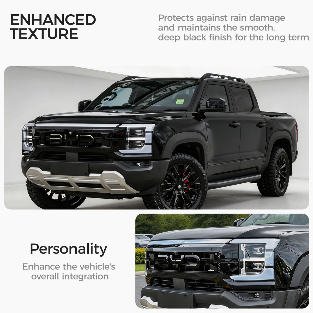 Black 4x4 pickup truck featuring enhanced texture protection and a custom front grille.