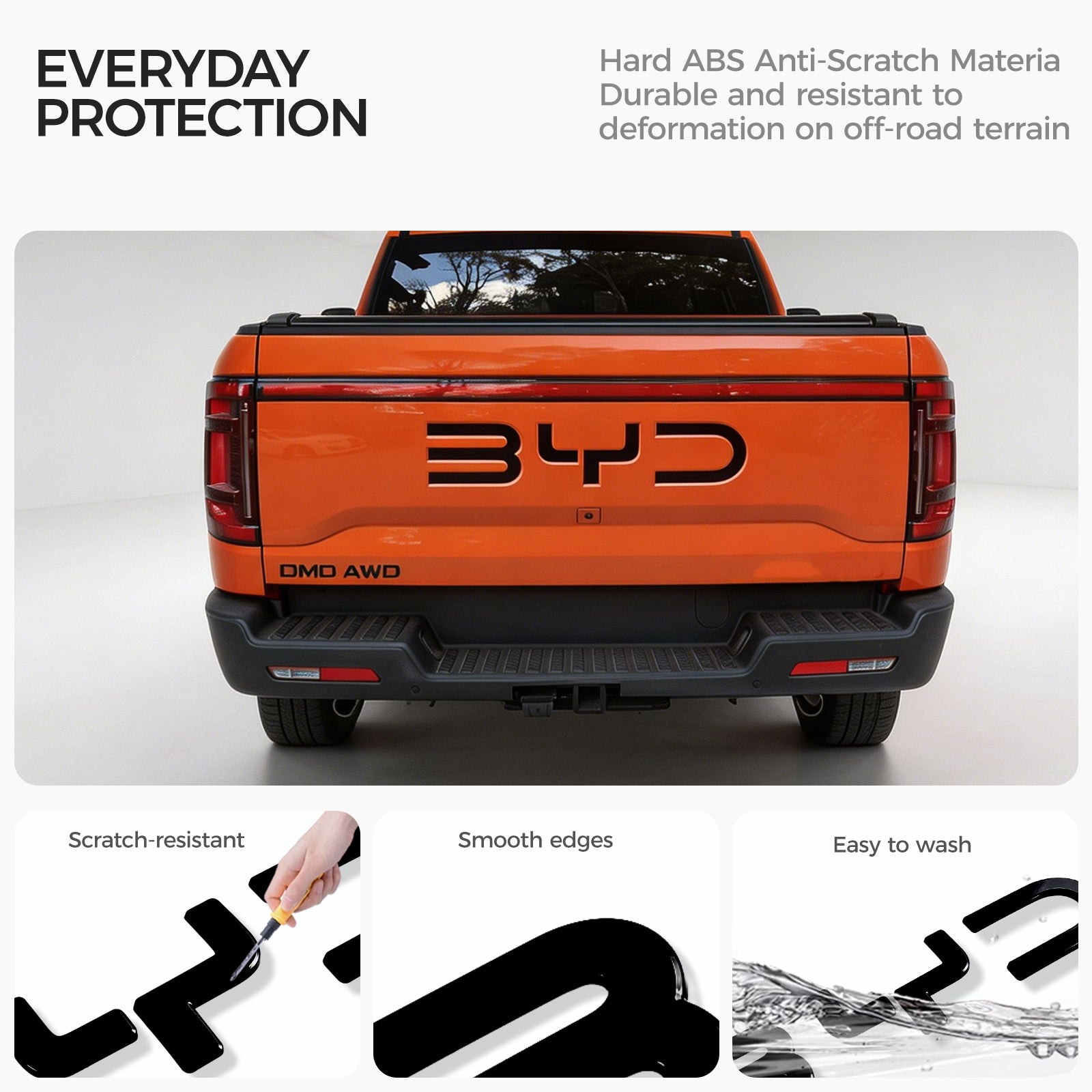Black anti-scratch ABS protective trim for BYD pickup truck tailgate.
