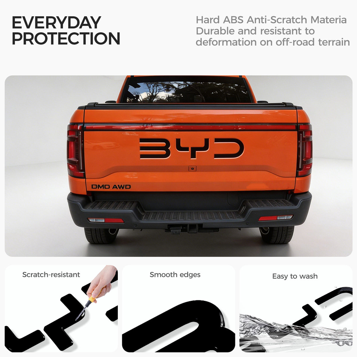 Black anti-scratch ABS protective trim for BYD pickup truck tailgate.