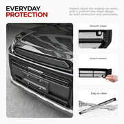 Infographic showing features of a vehicle grille protector including smooth edges, scratch-resistant material, and easy-to-clean mesh design.