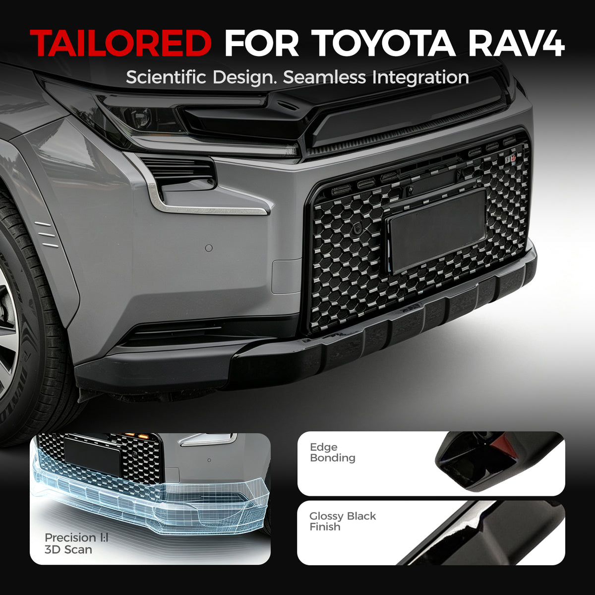 Front bumper grille for Toyota RAV4 featuring a glossy black finish and precision 3D scan design.