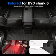 Custom fit 3D scanned black rubber floor mats for BYD Shark 6 vehicle interior.