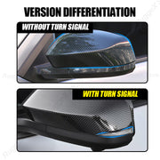 Comparison of carbon fiber side mirror covers with and without turn signals for 4x4 vehicles.