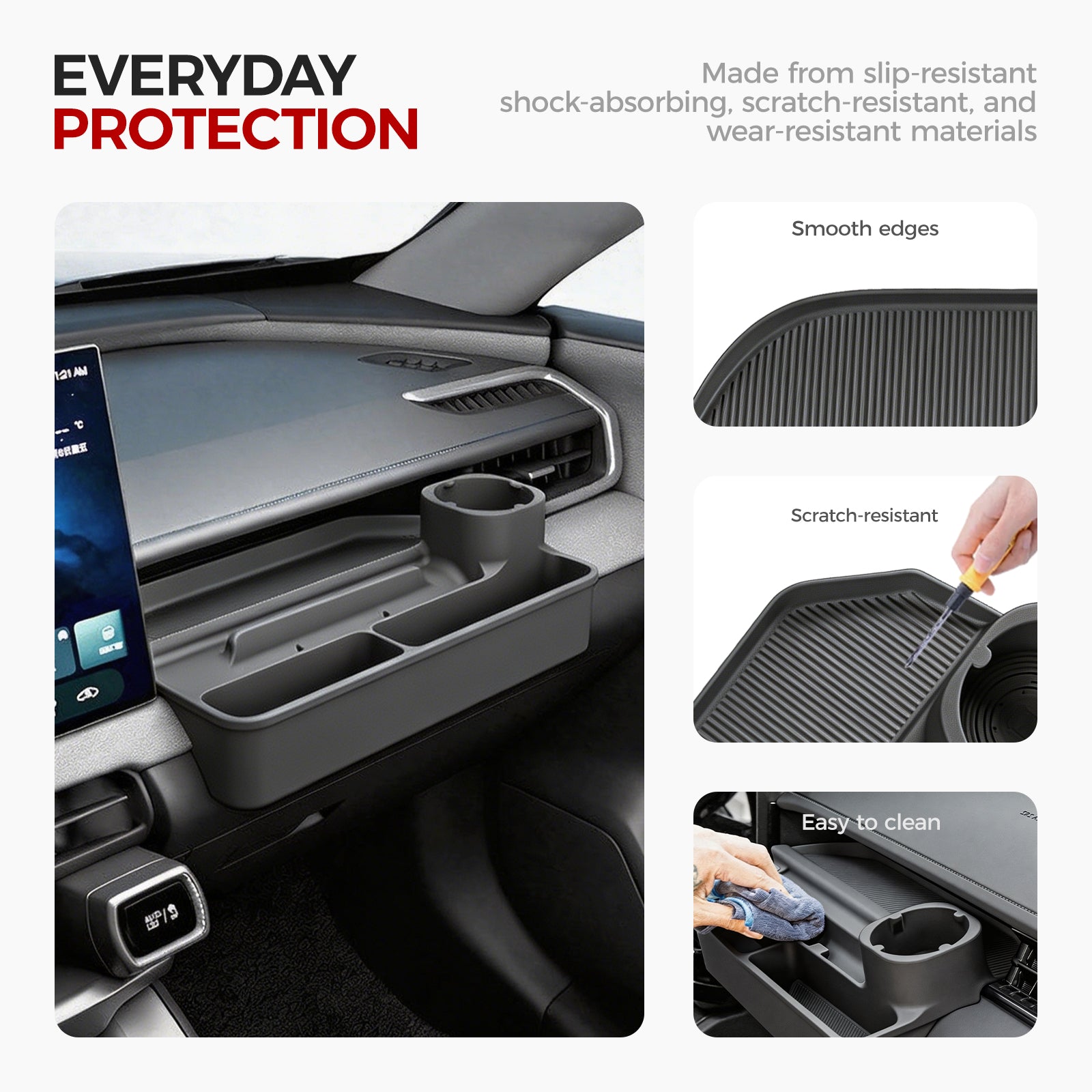 Durable black dashboard organizer tray for vehicle interior storage and protection.
