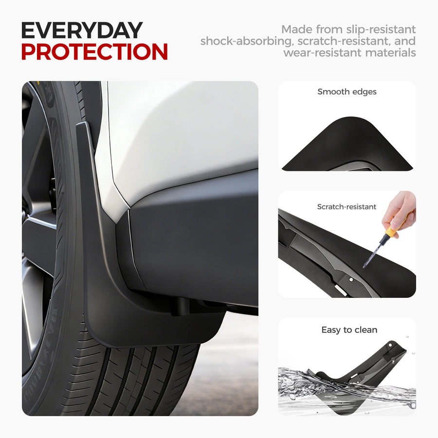 Infographic showing durable black rubber mud flaps with smooth edges, scratch-resistant surface, and easy-to-clean material.