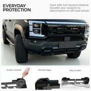 Black 4x4 vehicle front bumper and skid plate for off-road protection.