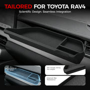 Black custom-fit dashboard storage tray for Toyota RAV4 interior organization.