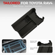 Black custom-fit center console organizer tray for Toyota RAV4 with anti-slip design.