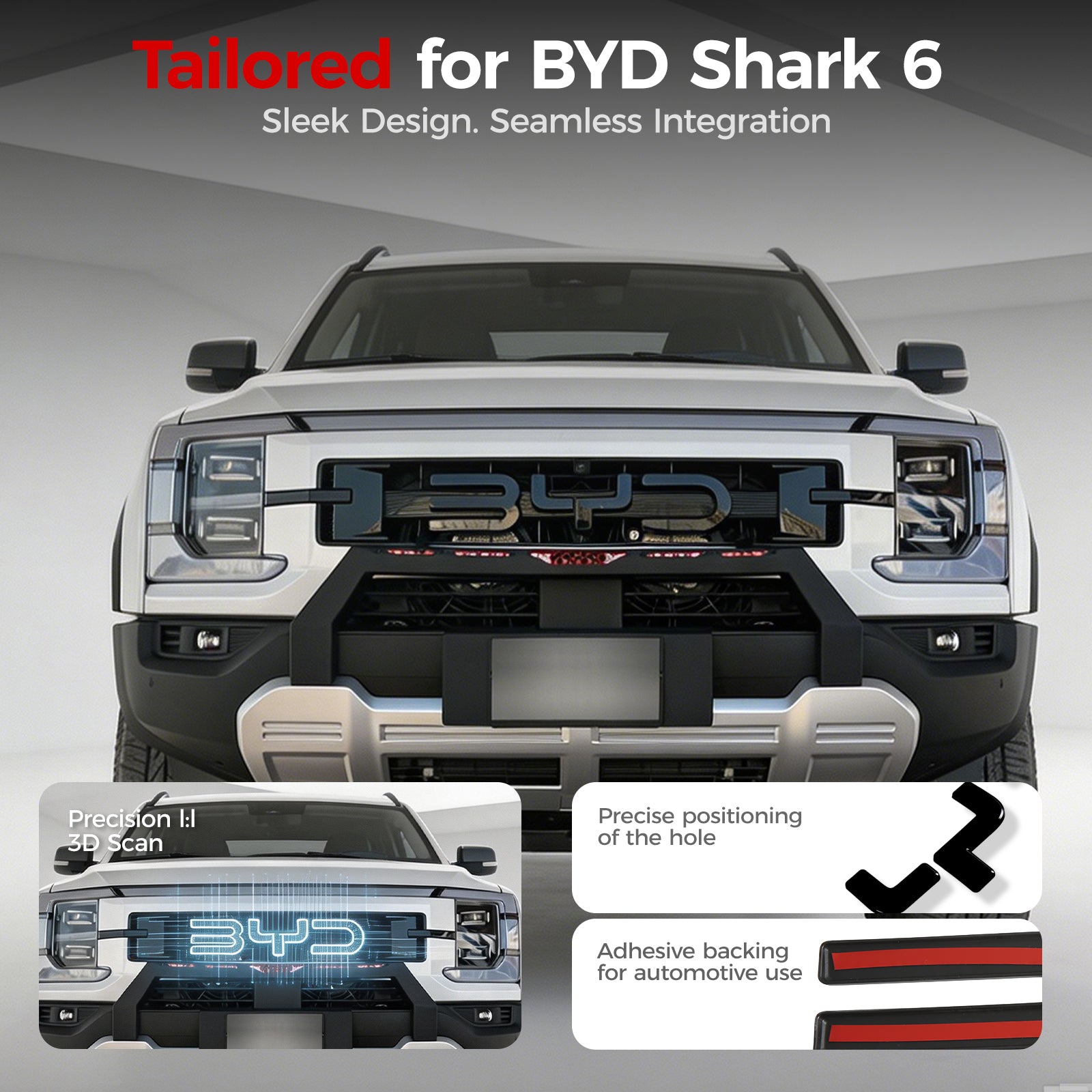 Custom front grille guard for BYD Shark 6 with precision 3D scan fitment and adhesive backing.