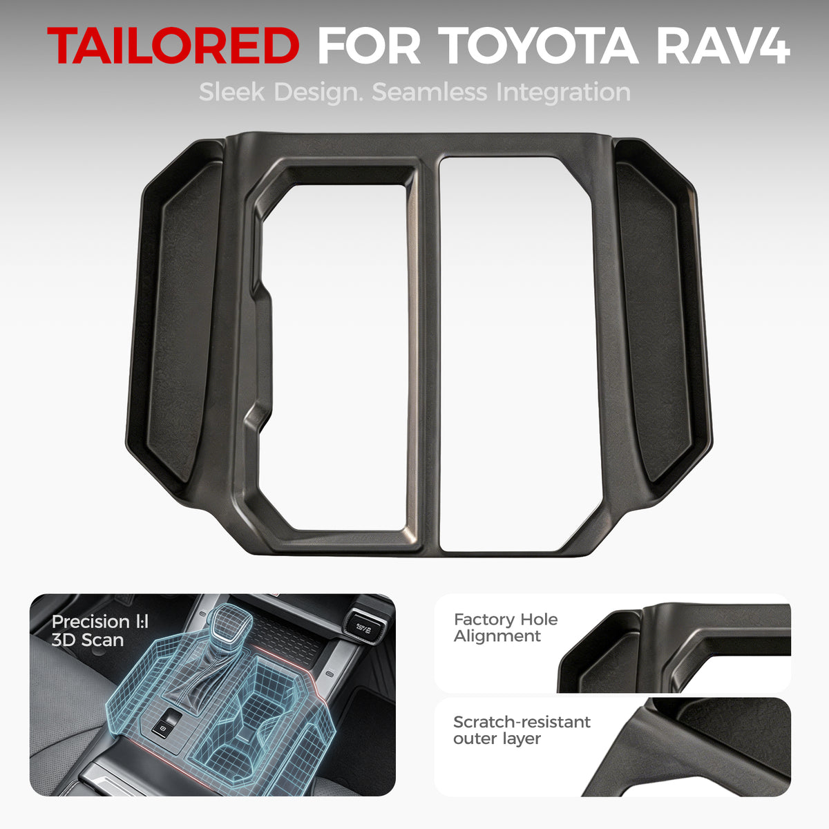Black center console trim organizer for Toyota RAV4 with scratch-resistant outer layer.