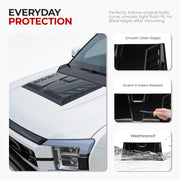 Black durable hood protector for white 4x4 vehicle with features for edge finish and durability.