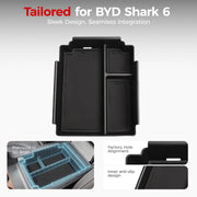 Custom fit black center console organizer tray for BYD Shark 6 with anti-slip design.