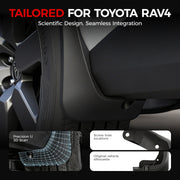 Close-up of a black Toyota RAV4 fender flare showing precision 3D scan design and screw hole locations.