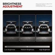 Three comparison views showing adjustable brightness levels for a vehicle cargo area light.