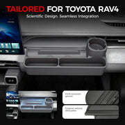 Custom-fit Toyota RAV4 dashboard organizer tray with multi-purpose grooves and cup holder.